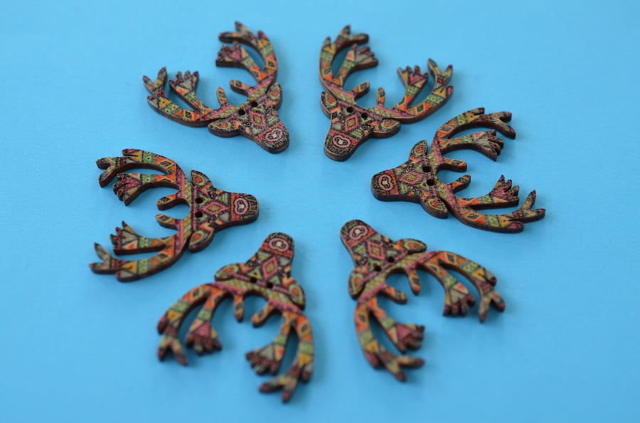 Wooden Stag Buttons Aztec Pattern 6pk 30x30mm Deer Antlers (STG3)