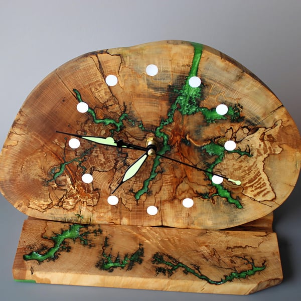Artisan Wooden Clock with Green Resin Inlay & Lightning Pattern Fractal Design