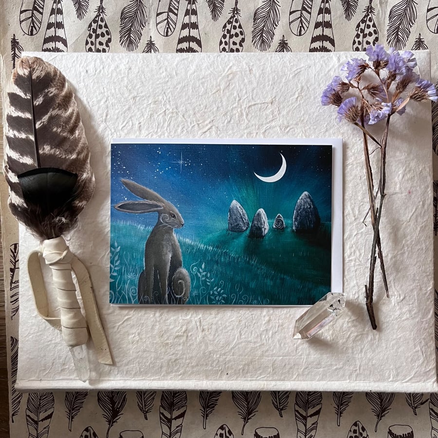 Moon Stones Greetings Card (Pagan, Wiccan, Hare, Standing Stones)