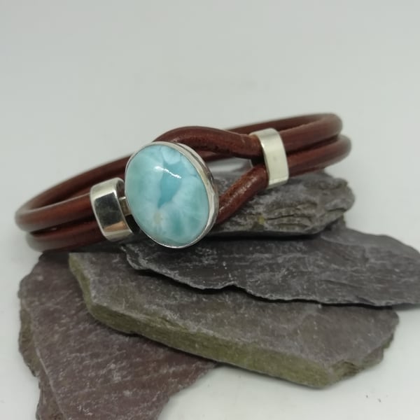 Tan Leather Bracelet with Larimar Cabochon