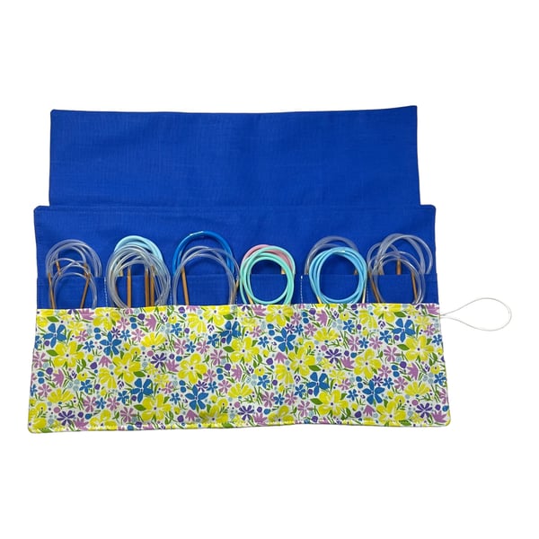 Circular needle case made from Liberty floral fabric, fixed circular sock needle