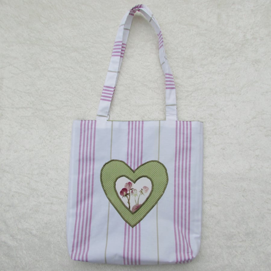 Candy striped Tote bag with double appliqued heart