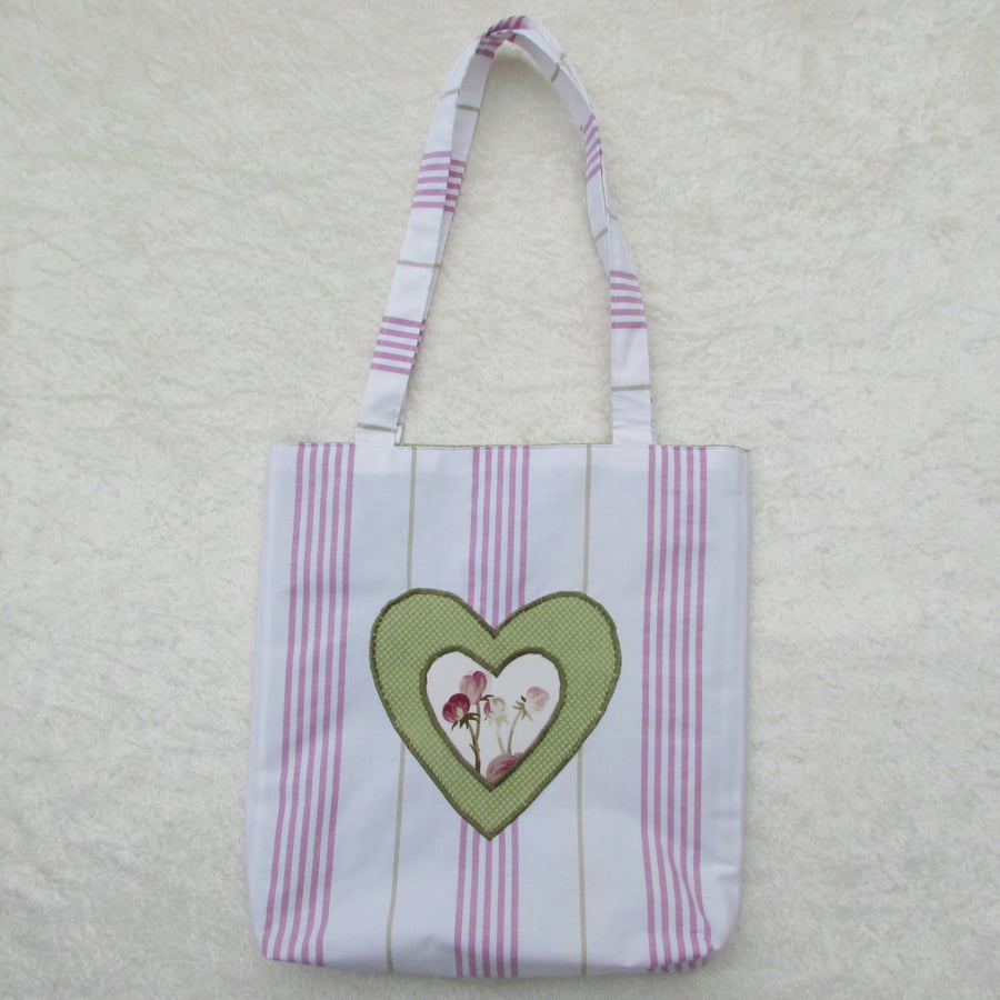 Candy striped Tote bag with double appliqued heart