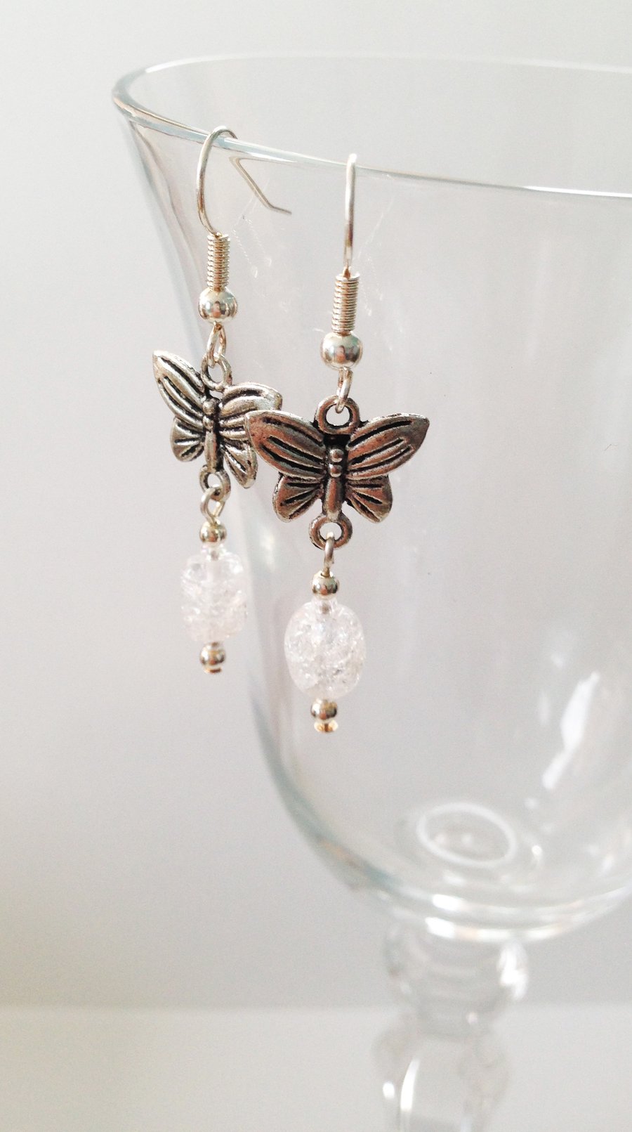 Clear Crackled Quartz and Butterfly Earrings