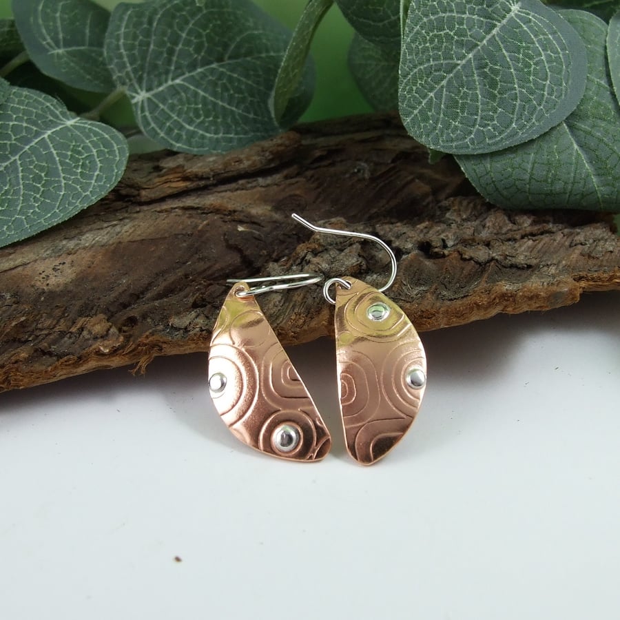 Leaf Earrings, Sterling Silver and Copper Geometric Pattern Dropper Earrings