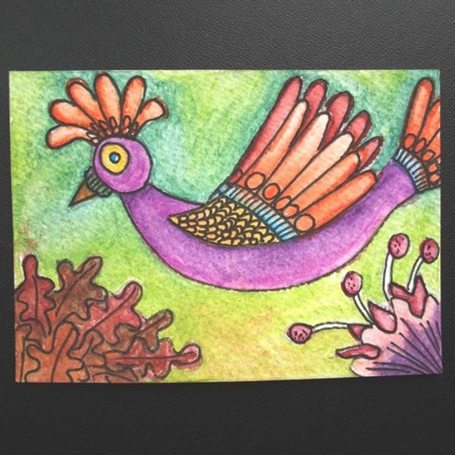 ACEO original watercolour. purple bird in flight