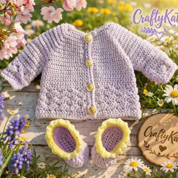 Crochet Cardigan Jacket & Bootees 3-6 Months