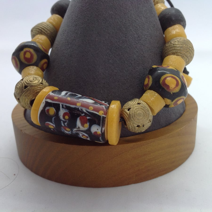 Man's adjustable bracelet with new West African recycled brass and glass beads