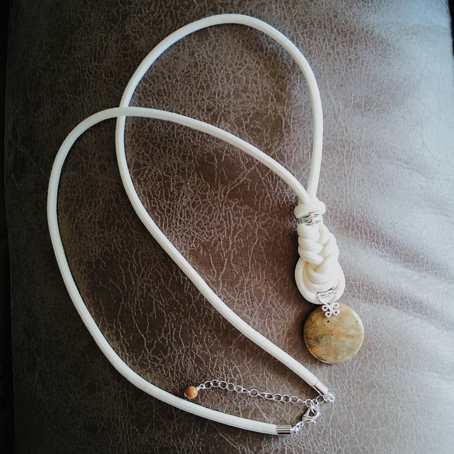 Cream Rope Long Crazy Lace Agate Pendant Necklace 32 - 34 Inch