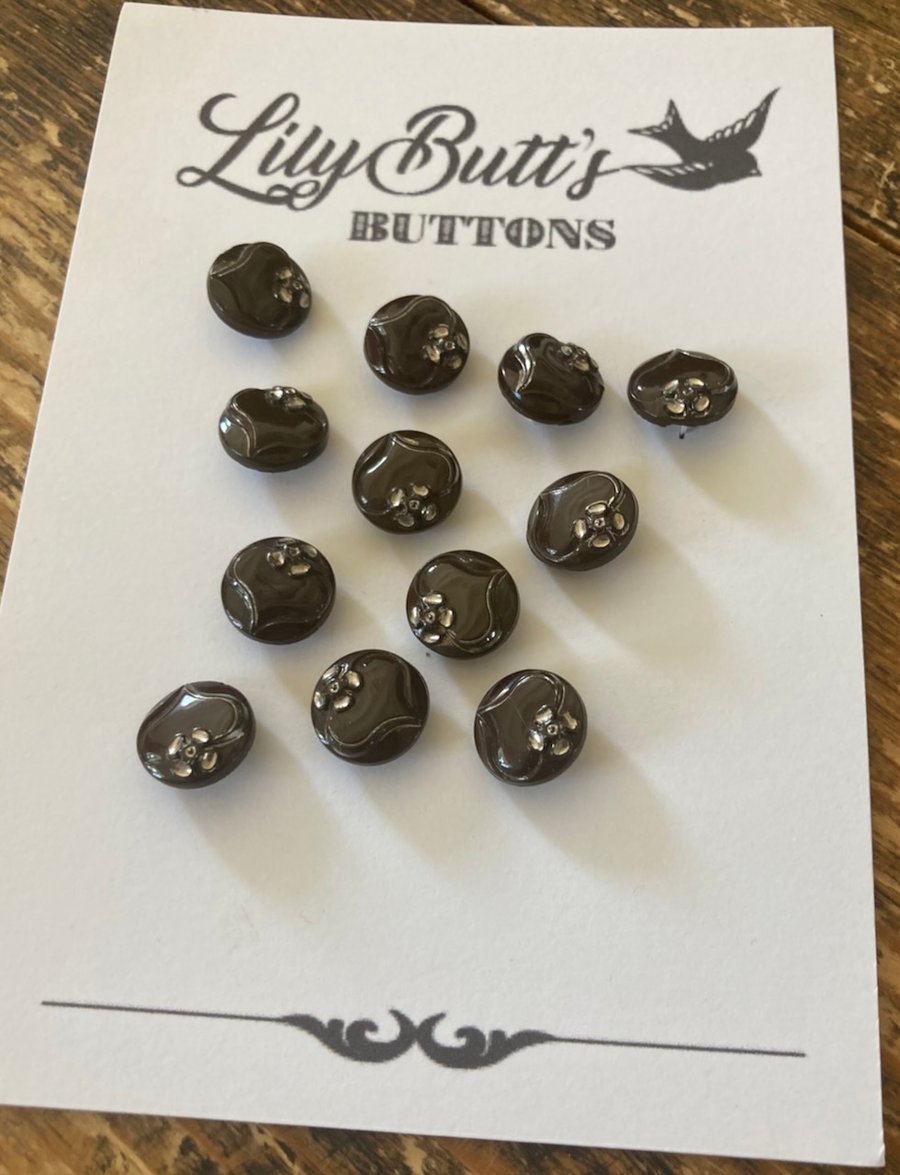 12 Vintage Czech Glass Brown and Silver Glass Buttons - 14mm