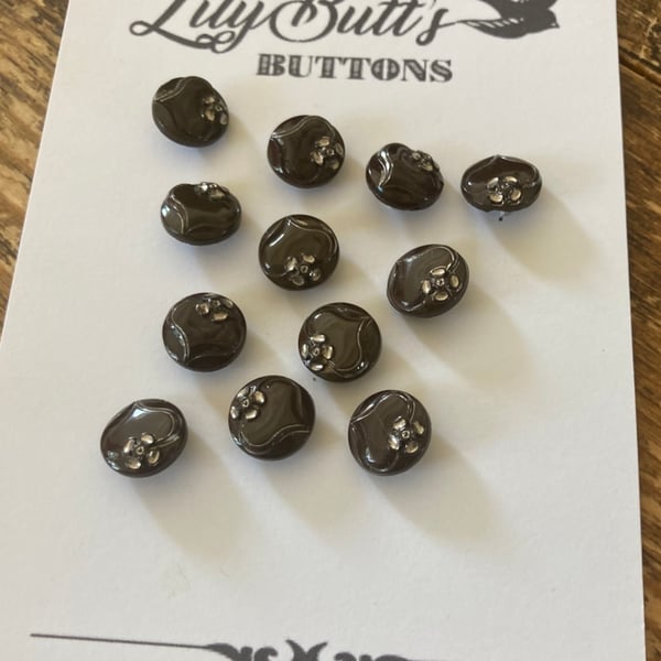 12 Vintage Czech Glass Brown and Silver Glass Buttons - 14mm