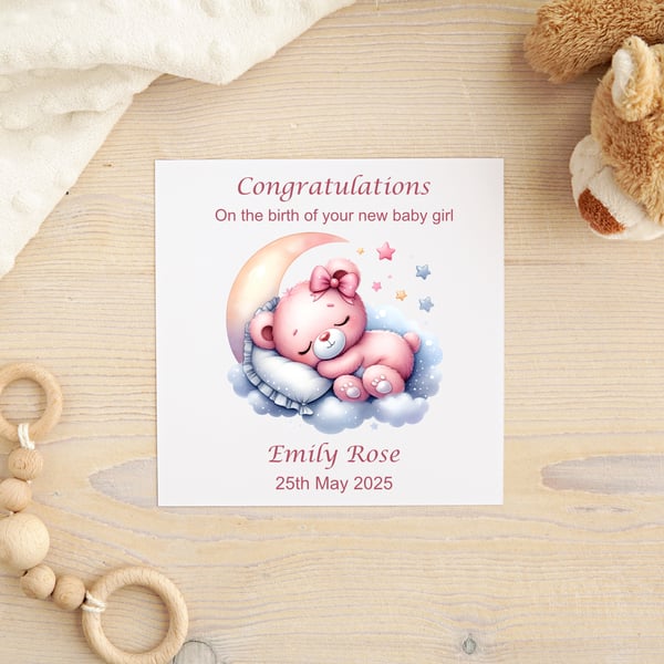 Sleeping Teddy Bear Baby Girl Personalised New Baby Card