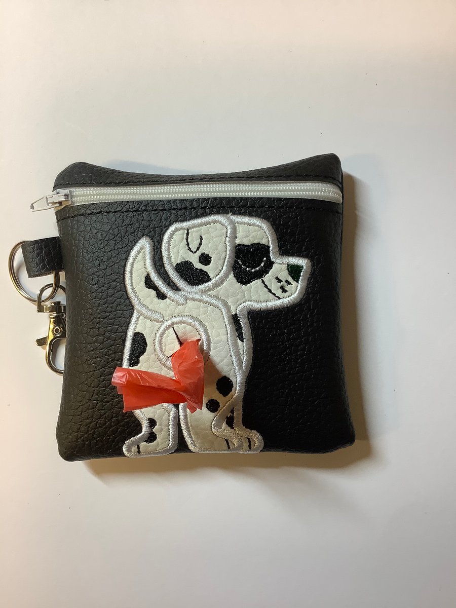 Gorgeous Dalmation Embroidered Black faux leather dog poo bag ,dog walking,