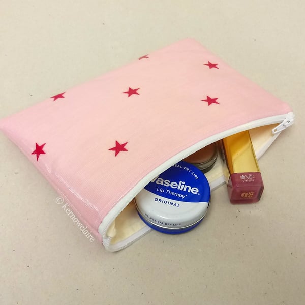 Make up bag in pink with stars pattern, oilcloth cosmetic bag, 