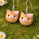Ginger Cat Clay Earrings with Pink Flower – Cute Cat Dangle Jewellery