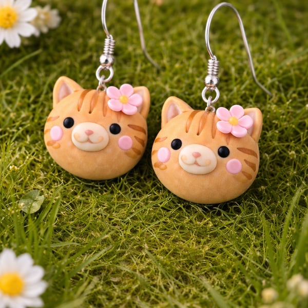 Ginger Cat Clay Earrings with Pink Flower – Cute Cat Dangle Jewellery
