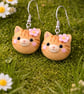 Ginger Cat Clay Earrings with Pink Flower – Cute Cat Dangle Jewellery