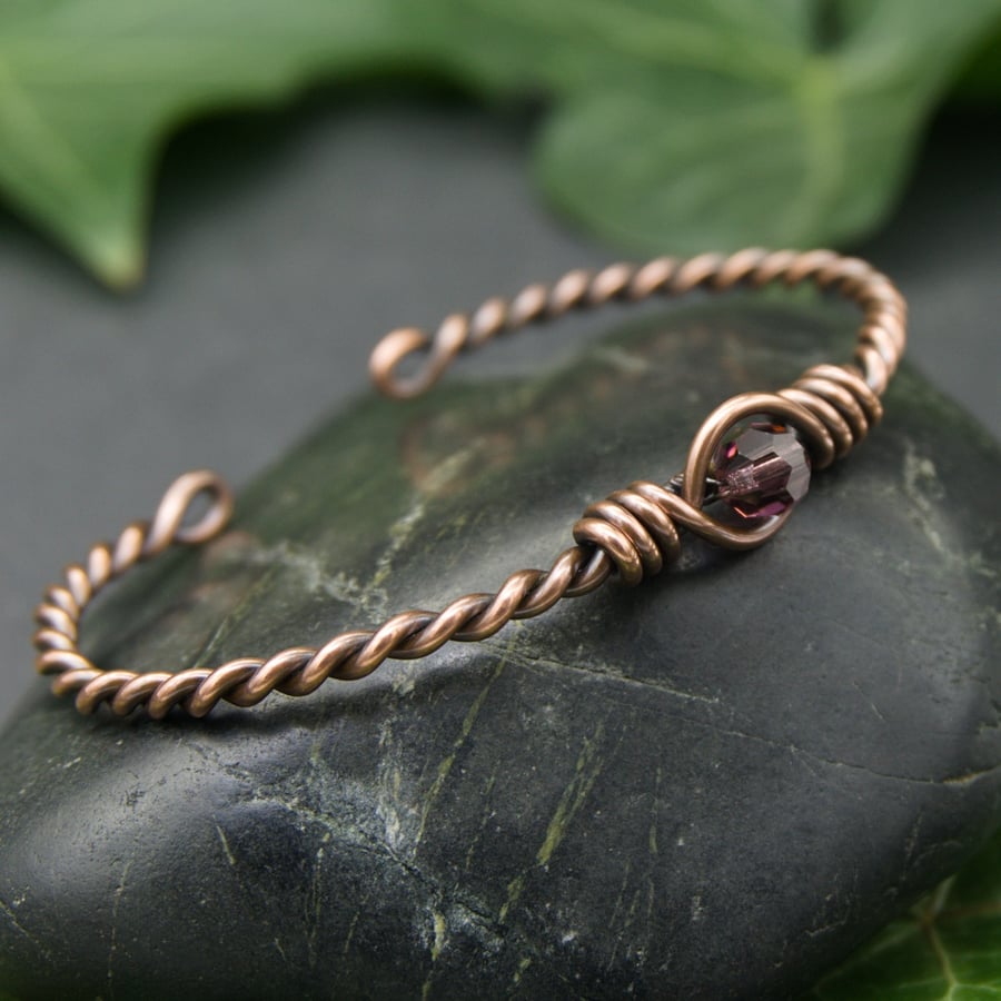 Twisted Copper Cuff - Faceted Amethyst