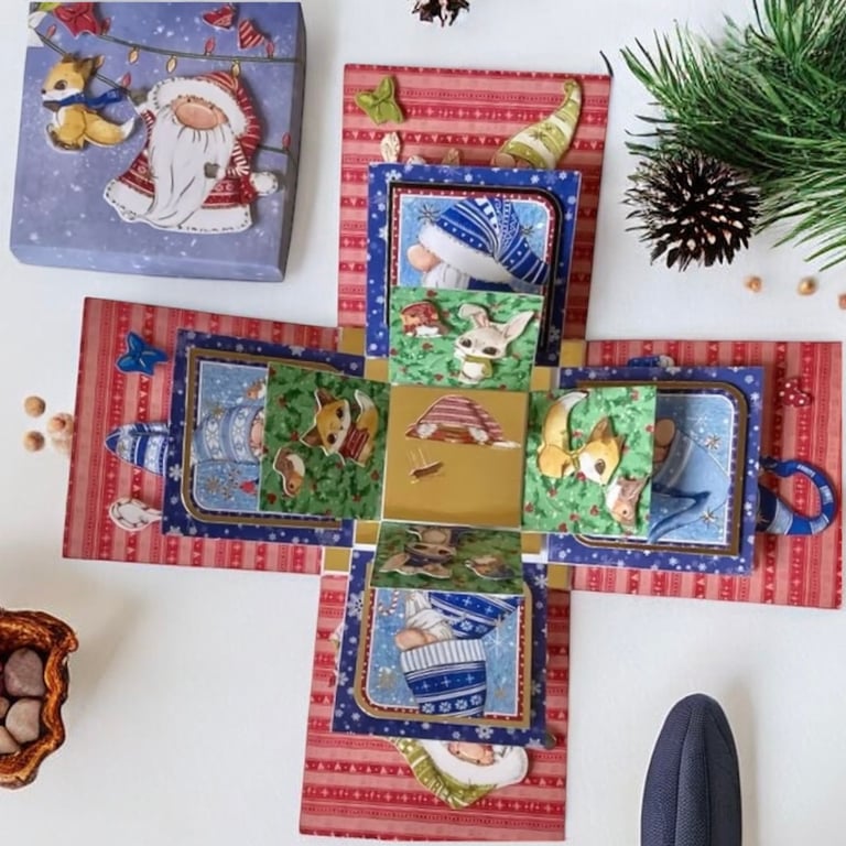 Unique 3D Exploding Christmas Box Card. Gnome Christmas Box Card Keepsake.