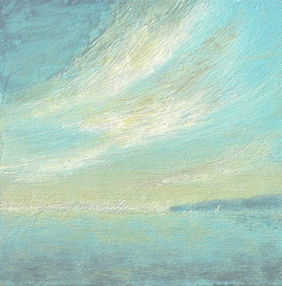 Original painting beach coastal ocean sky evening dusk sailing across the bay