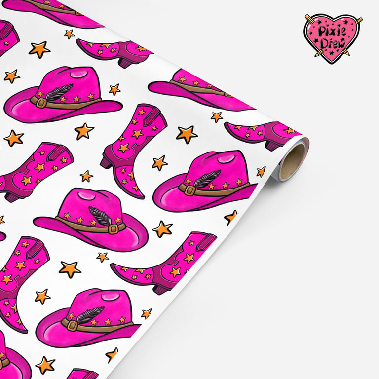 Pink Cowgirl wrapping paper with cowboy hat and cowboy boots