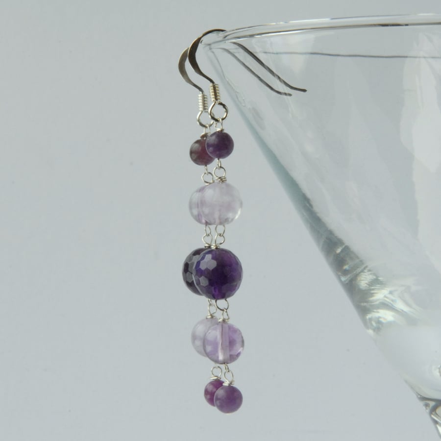 Long purple beaded sterling silver earrings (amethyst, fluorite and lepidolite)