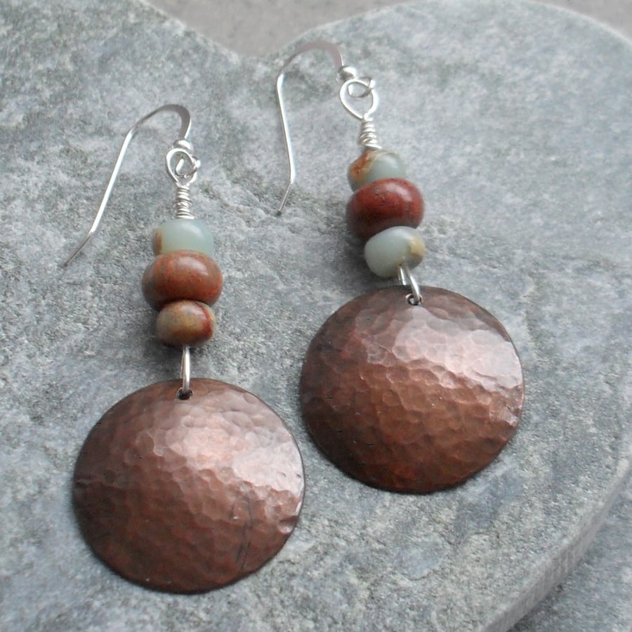 Copper Disc and Snakeskin Jasper Drop Earrings