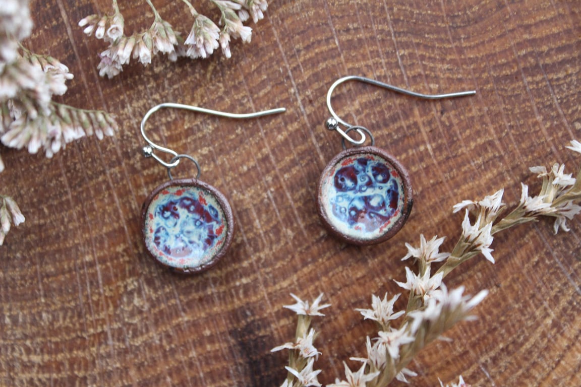 Handmade Ceramic Earrings UK; Speckled Blue Glazed Dangle, Foraged Bristol Clay 