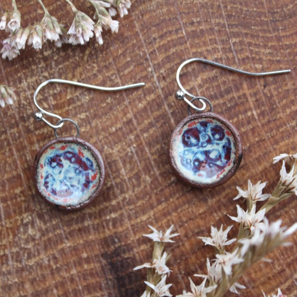 Handmade Ceramic Earrings UK; Speckled Blue Glazed Dangle, Foraged Bristol Clay 