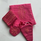 Needlecase, scissor case, scissor fob in a silk pouch.