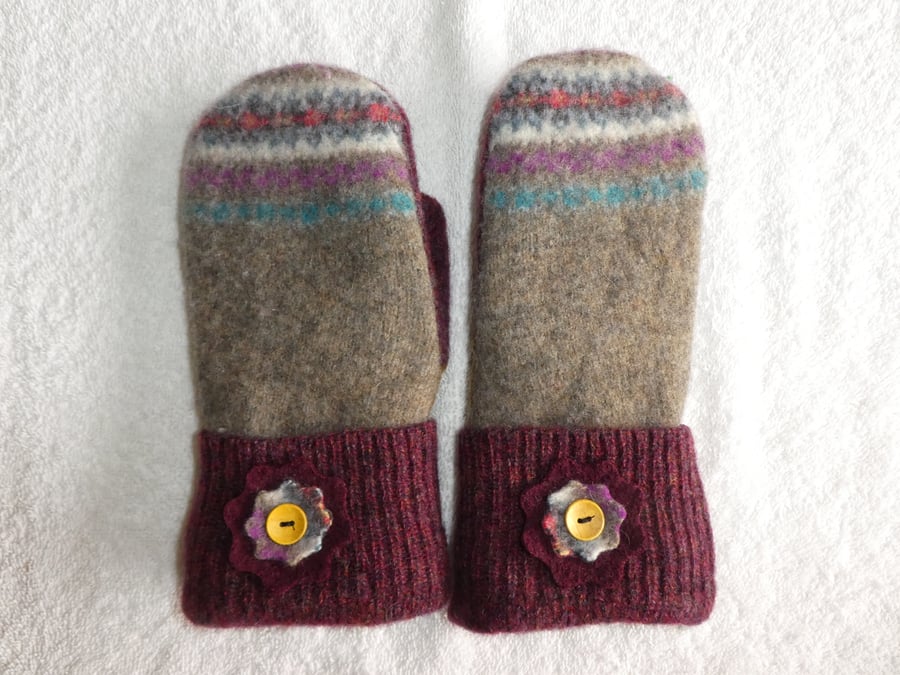 Mittens Created from Up-cycled Wool Jumpers. Fully Lined. Fair Isle BurgundyCuff