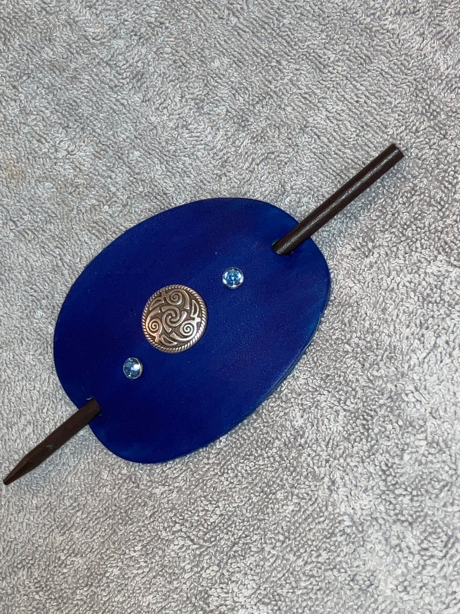Blue Leather Hair Stick Barrette with Celtic centre with 2 Blue Gems - FREE SHIP