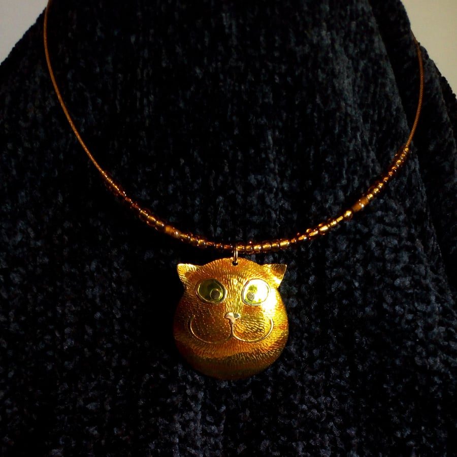 Marmalade or ginger cat face pendant necklace
