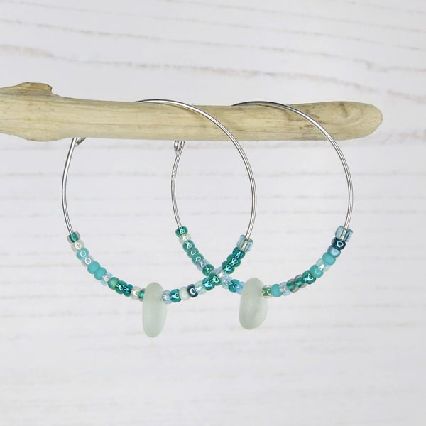 Cornish Sea Glass Hoop Earrings with Turquoise Seed Beads - 30mm 