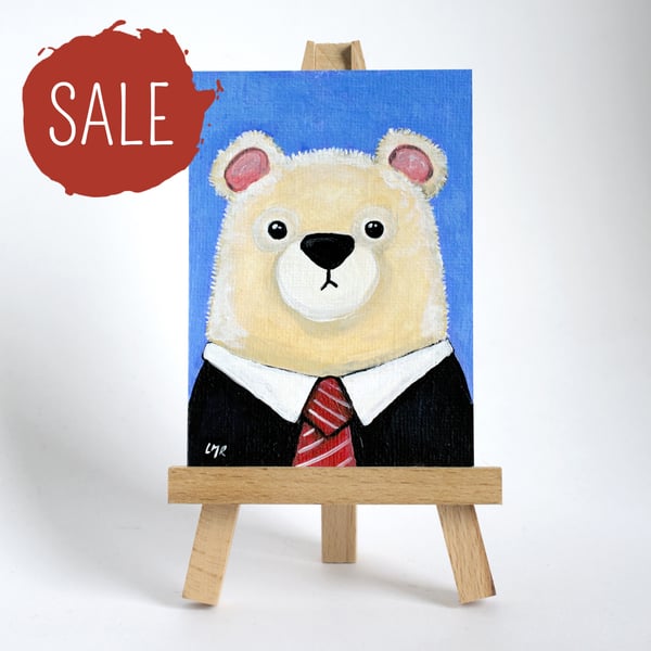SALE - Original ACEO Art - Polar Bear wearing Black Suit and Tie