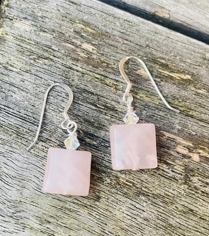 Boho Rose Quartz Square and Swarovski Crystal Earrings, Gifts for Her
