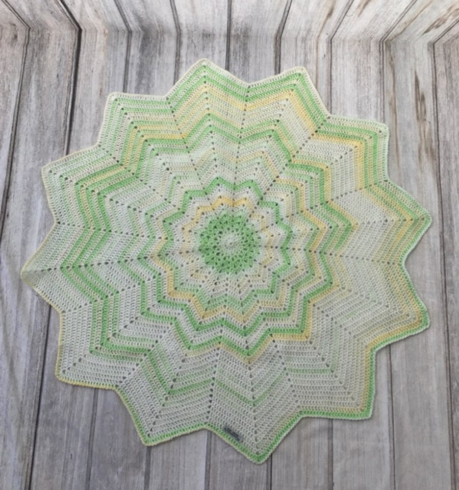 White, Lemon & Pale Green Hand Crocheted Baby Blanket