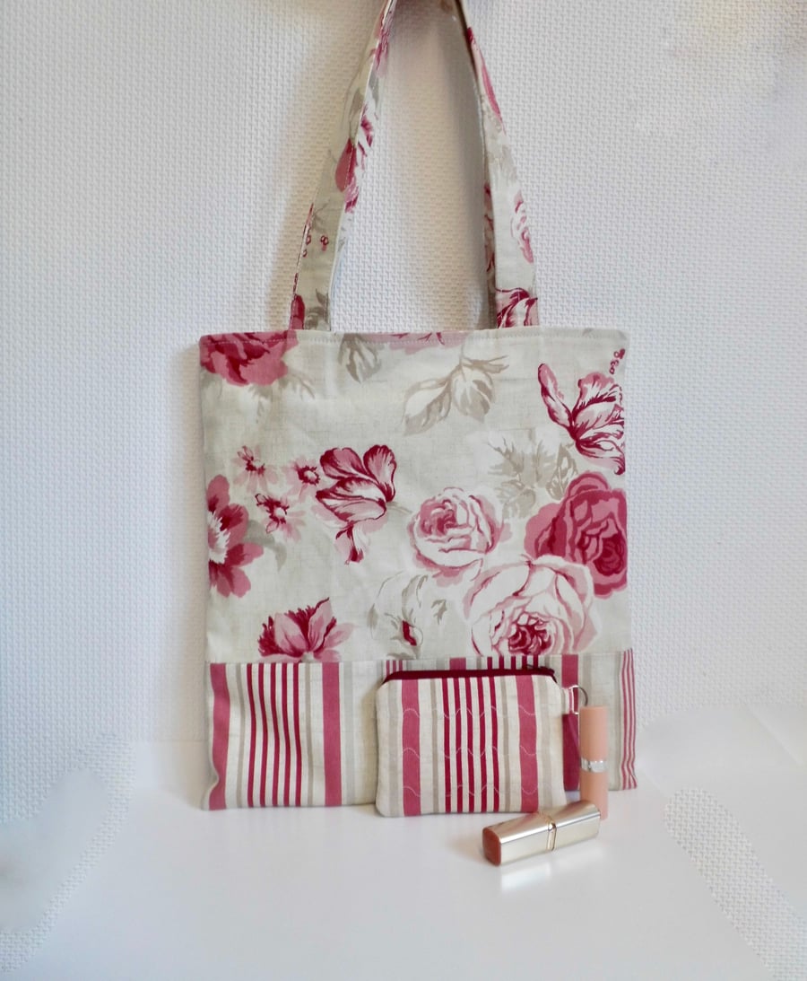 SOLD Floral tote bag and coin purse matching set pink