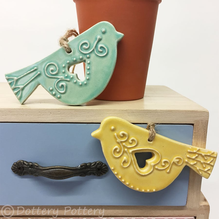 Set of two ceramic lovebird decorations folk art 