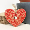 Small Ceramic heart hanging decoration Pottery Heart Folk art Orange