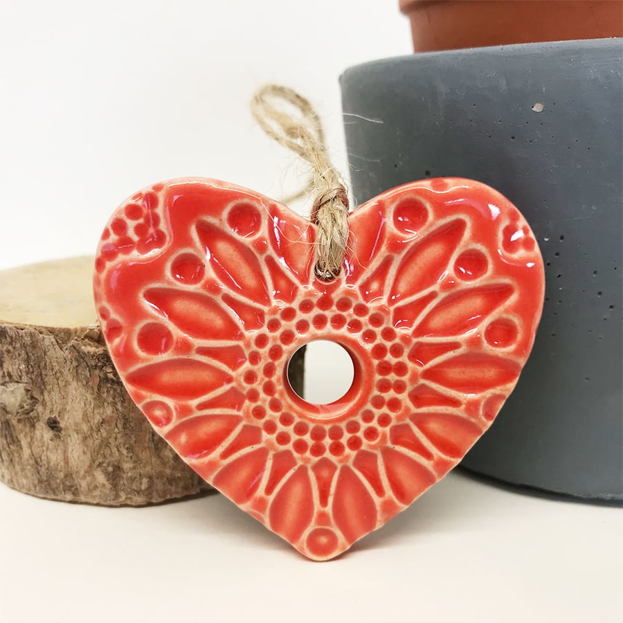 Small Ceramic heart hanging decoration Pottery Heart Folk art Orange