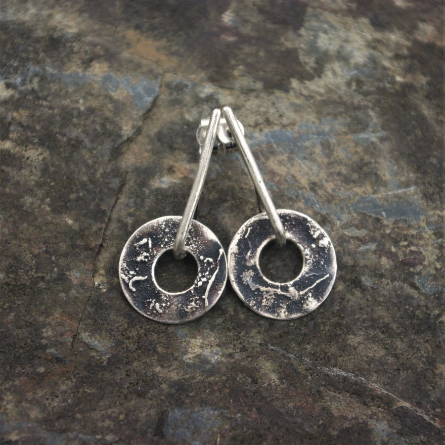 Textured Oxidised Silver Circle Drop Earrings