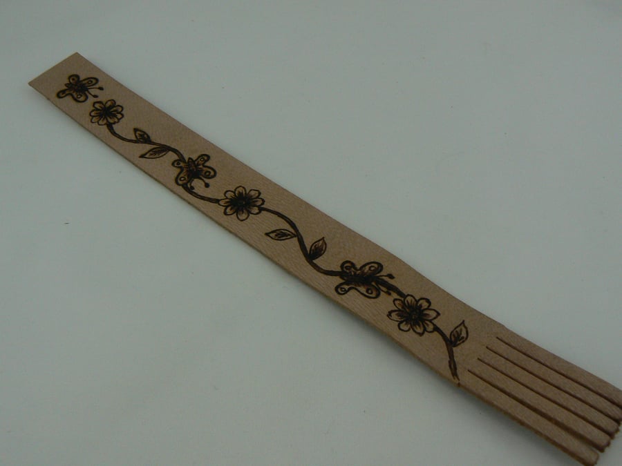 Pyrographed leather bookmark (butterflies and flowers)