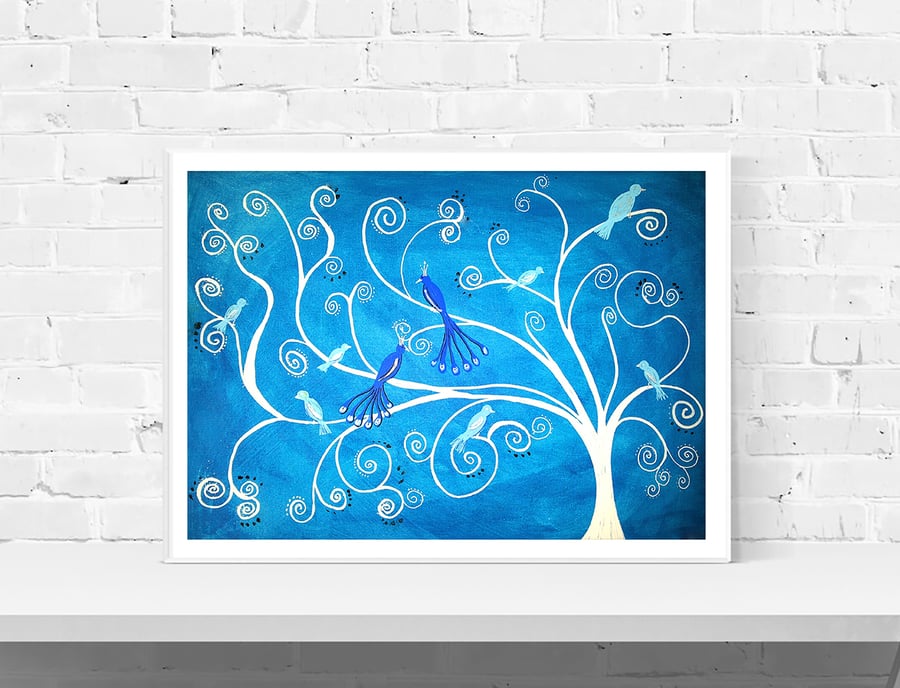Blue Tree Print - Peacocks - Blue and White Whimsical Wall Art Print