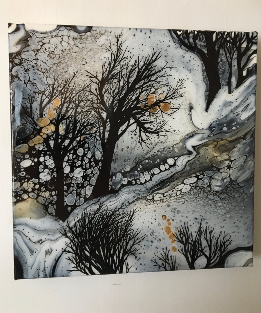 ‘Winter sound’ An acrylic pour painting, embellished, Resin finished
