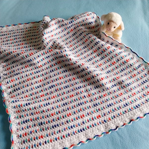 Handmade Crochet Baby Blanket White Multicolour Pram Blanket