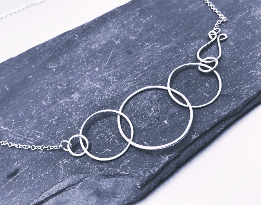 Large Circles & Hook Necklace - Sterling Silver 925 - Handmade