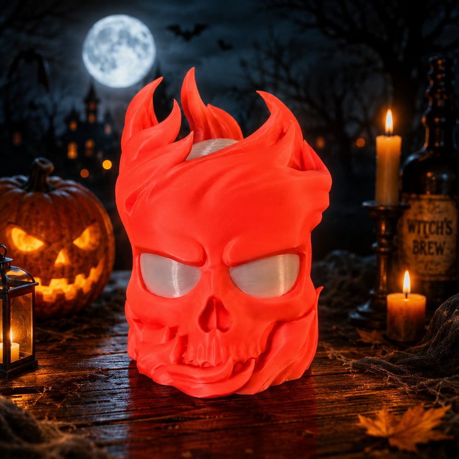 Glow in the Dark Flaming Skull Lamp  Unique 3D Printed LED Night Light Halloween