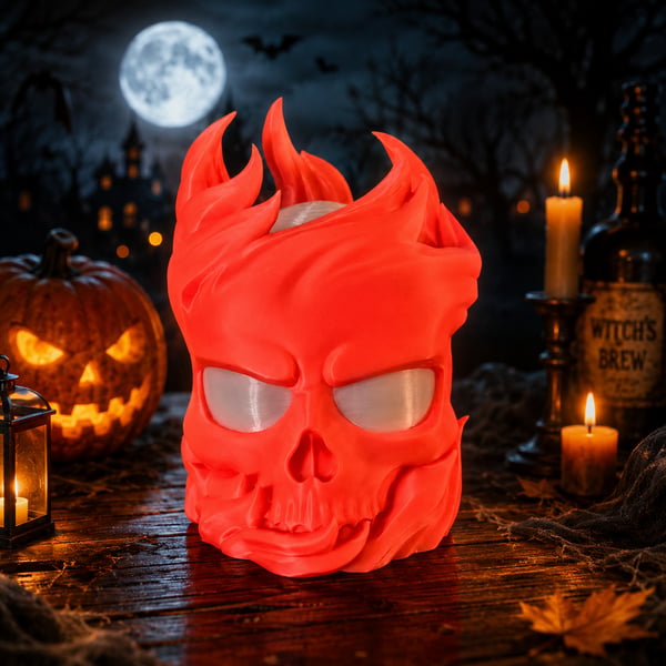 Glow in the Dark Flaming Skull Lamp  Unique 3D Printed LED Night Light Halloween
