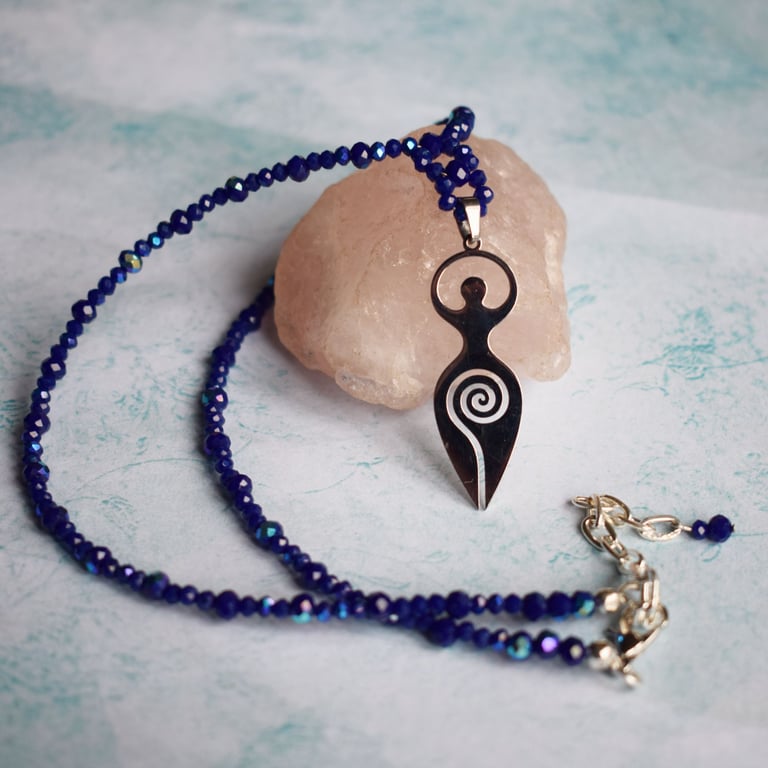 Spiral Goddess Necklace with Midnight Blue Glass Beads